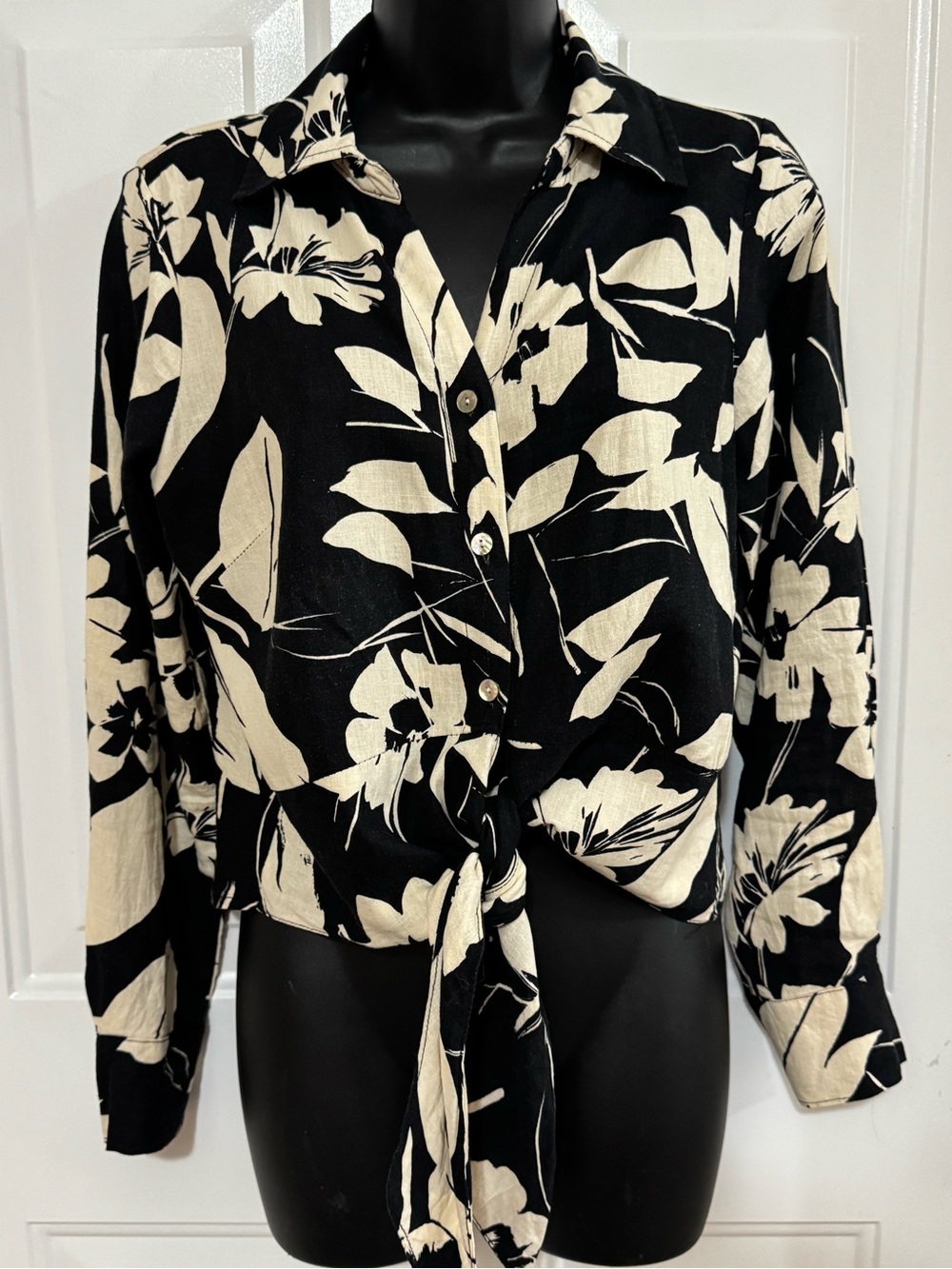 Tie-Front Black and Cream Floral Button-Up Top